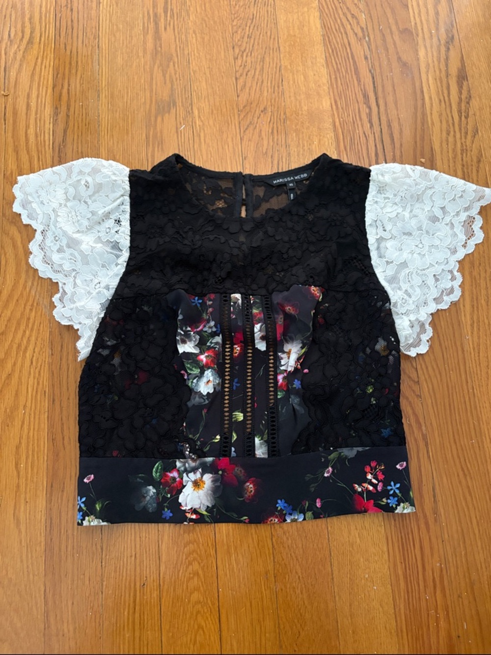 Marissa Webb Floral Lace Contrast Flutter Sleeve Top - Black & White XS